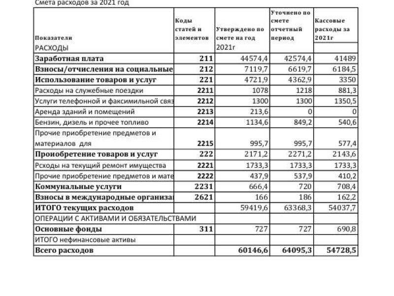 Отчет о денежных расходах Аппарата Акыйкатчы (Омбудсмена) КР в 2021 году